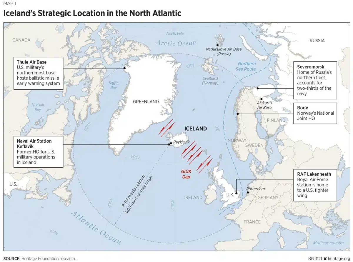 Die „GIUK-Lücke“ (GIUK Gap) bildet einen strategischen Engpass, dessen Kontrolle einen Zugang zum Atlantik sichert. Karte: The Heritage Foundation