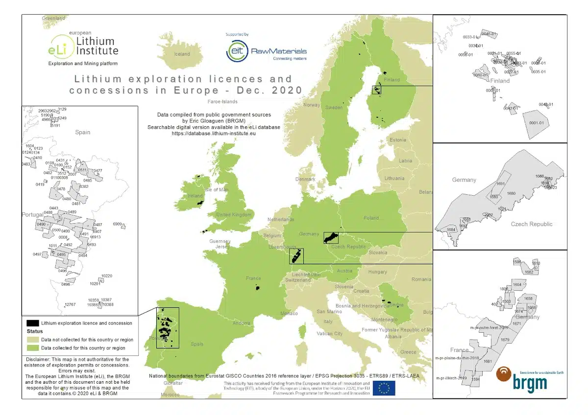 Lizenzen für die Aufsuchung und Exploration von Lithium aus Thermalwässern und Festgesteinsvorkommen in Europa. Karte: eLi – European Lithium Institute/BRGM